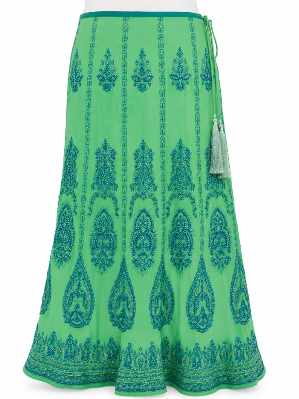 Soft Surroundings Green Beaded Maxi Skirt PS‎ Petite Boho Lined Tassel EUC